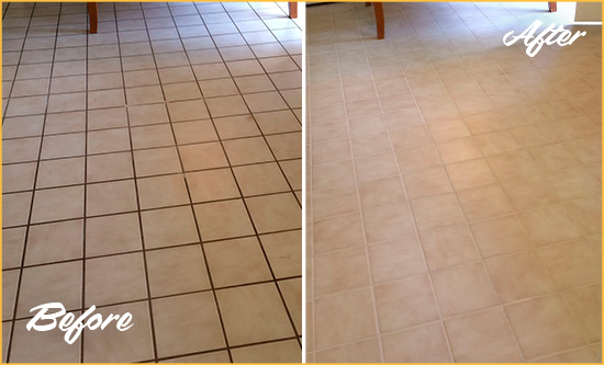 Before and After Picture of a Mount Holly Kitchen Tile and Grout Cleaned to Remove Embedded Dirt