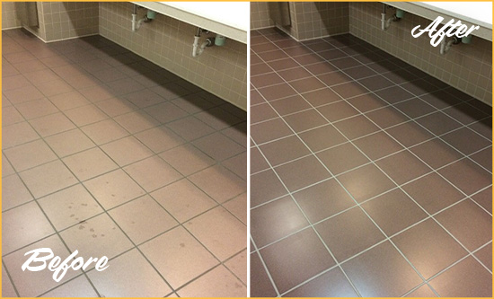 Before and After Picture of a Riverton Restrooms Tile and Grout Cleaned to Remove Embedded Dirt