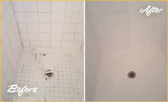 Before and After Picture of a Bellmawr Bathroom Re-Caulked To Repair Damaged Caulking