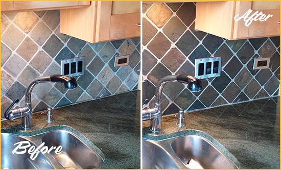 Before and After Picture of a Mount Laurel Backsplash Caulked to Fix and Prevent Water Leaks