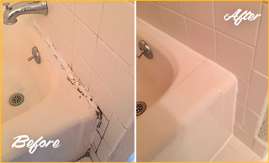 Before and After Picture of a Wall Bathroom Sink Caulked to Fix a DIY Proyect Gone Wrong