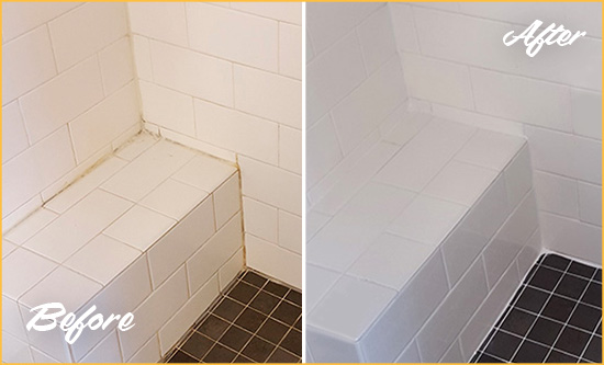 Before and After Picture of a Brielle Shower Seat Caulked to Protect Against Mold and Mildew Growth