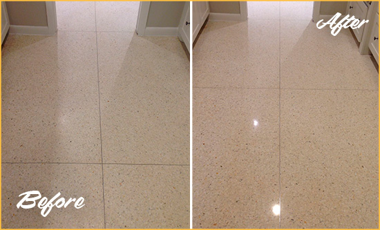 Before and After Picture of a Ocean Granite Stone Floor Polished to Repair Dullness