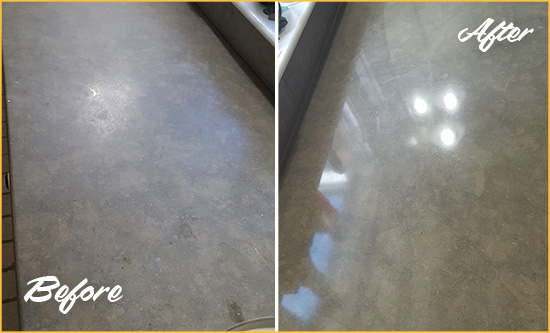 Before and After Picture of a Dull Tinton Falls Limestone Countertop Polished to Recover Its Color