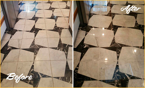 Before and After Picture of a Dull Sea Isle City Marble Stone Floor Polished To Recover Its Luster