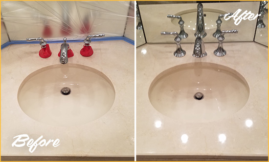 Before and After Picture of a Dull Brigantine Marble Stone Vanity Top Polished to Bring-Back Its Sheen