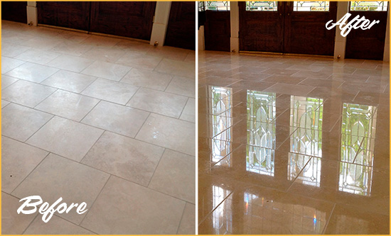Before and After Picture of a Dull Ocean Travertine Stone Floor Polished to Recover Its Gloss