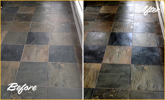 Before and After Picture of a Dull Hamilton Slate Floor Sealed to Bring Back Its Colors