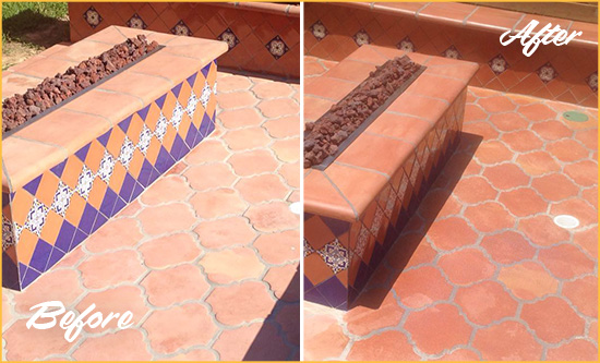 Before and After Picture of a Dull Alloway Terracotta Patio Floor Sealed For UV Protection