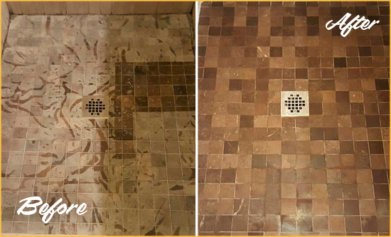 Before and After Picture of a Stained Spring Lake Marble Shower Floor Cleaned to Remove Etching
