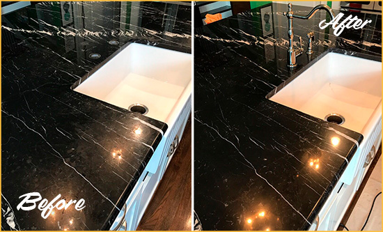 Before and After Picture of a Brigantine Marble Kitchen Countertop Stone Sealed to Avoid Water Damage