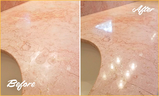 Before and After Picture of a Manchester Township Marble Stone Vanity Top Sealed to Avoid Water Marks