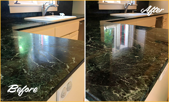 Before and After Picture of a Buena Marble Kitchen Countertop Honed to Remove Water Marks
