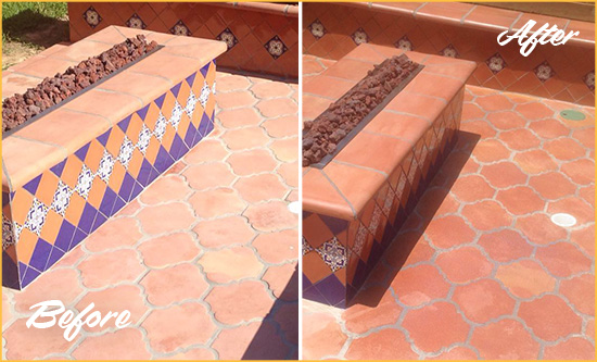 Before and After Picture of a Camden Hard Surface Restoration Service on a Dull Terracotta Patio Floor to Recover Its Color