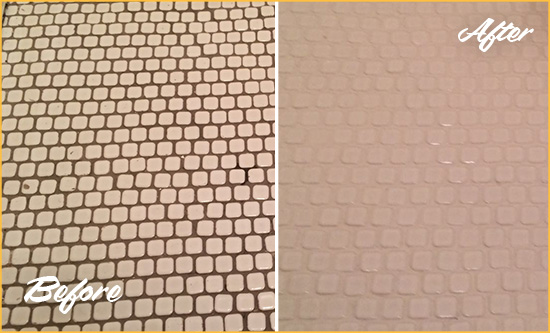 Before and After Picture of a Marlboro Hard Surface Restoration Service on a Bathroom Tile Floor Recolored to Fix Grout Color