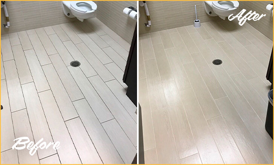 Before and After Picture of a Bordentown Township Office Restroom's Grout Cleaned to Remove Dirt