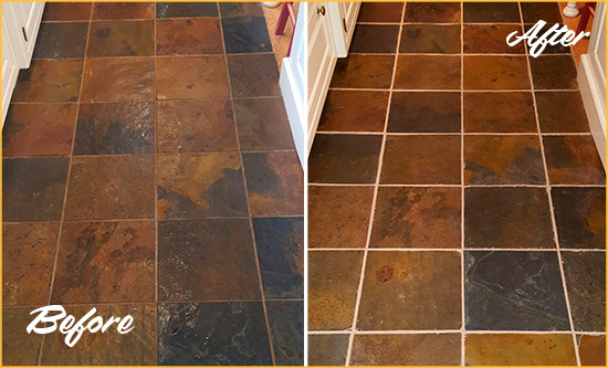 Before and After Picture of Berkeley Slate Floor Grout Cleaned to Remove Dirt