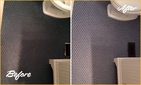 Before and After Picture of a Mount Holly Blue Tile Floor Recolored Grout