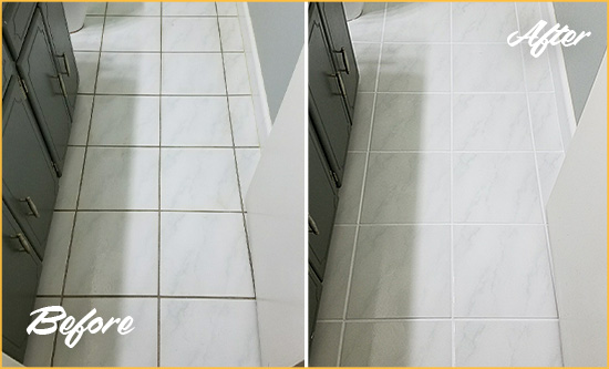 Before and After Picture of a Ewing White Ceramic Tile with Recolored Grout