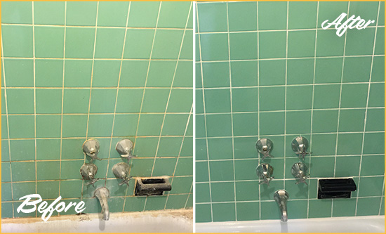 Before and After Picture of a Cherry Hill Bath Tub Grout Sealed to Avoid Water Damage