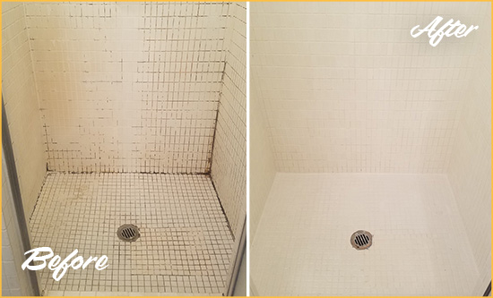 Before and After Picture of a Wall Bathroom Grout Sealed to Remove Mold