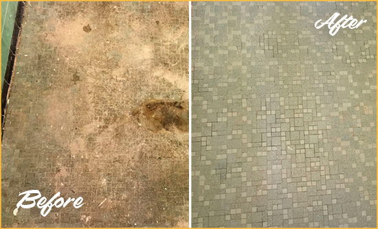 Before and After Picture of a Stone Harbor Mosaic Shower Cleaned to Eliminate Embedded Dirt