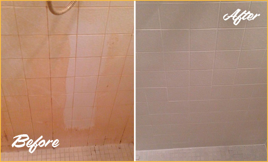 Before and After Picture of a Marlboro Porcelaine Shower Cleaned to Remove Soap Scum