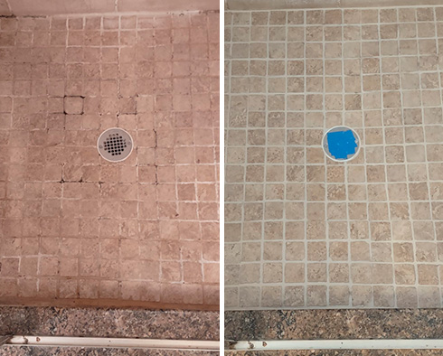 Shower Floor Before and After Our Caulking Services in Manalapan, NJ