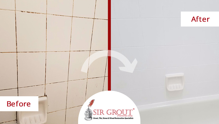 Before and After Picture of a Bathroom Grout Cleaning in Toms River, New Jersey
