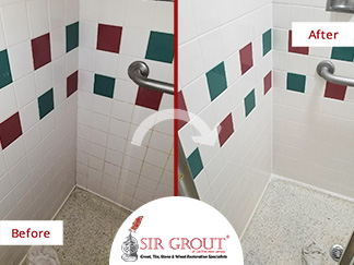 Before and After Picture of a Hospital Bathroom Tile Cleaning Service in Woodbury, New Jersey