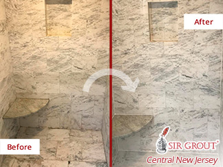 Before and After Picture of a Marble Shower Grout Sealing Service in Ocean Township, New Jersey