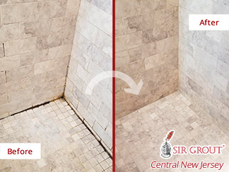 Before and After Picture of a Travertine Shower After a Stone Cleaning Service in Riverton, NJ