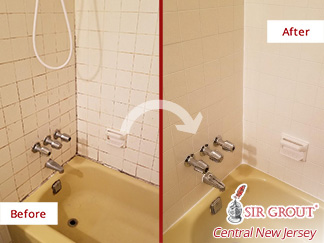 Before and After Picture of a Shower Restoration After Our Tile and Grout Cleaners Service in Spring Lake, NJ