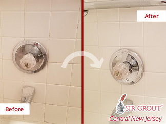 Before and After Picture of a Ceramic Tile Shower After Our Hard Surface Restoration Services in Ewing, NJ