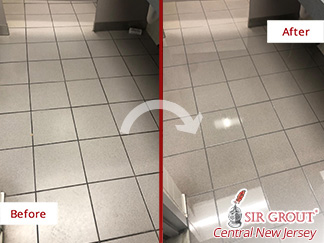 Before and after Picture of a Grout Sealing Job in Manalapan, NJ