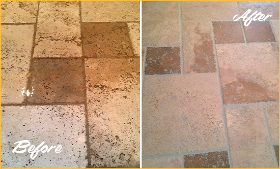 Before and After Picture of Tumbled Travertine Floor Honed and Polished to Remove Dirt