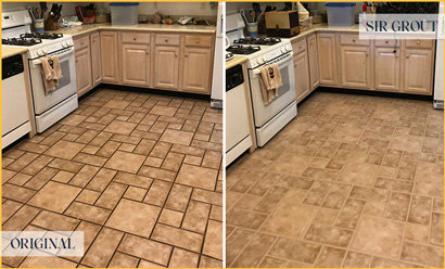 Picture of a Kitchen Floor Before and After Grout Recoloring