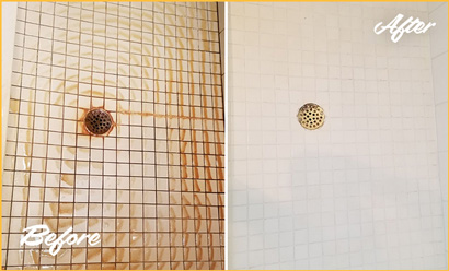 Picture of White Tile Shower with Heavy Rust Stains