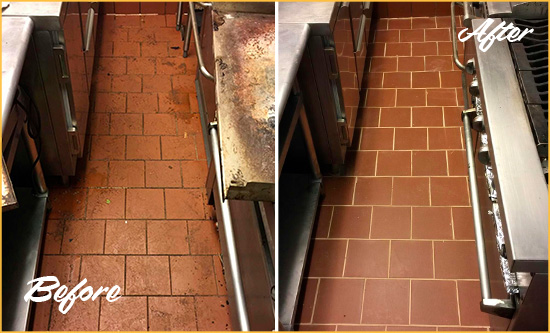 Before and After Picture of a North Wildwood Restaurant Kitchen Tile and Grout Cleaned to Eliminate Dirt and Grease Build-Up