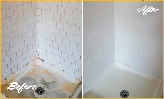 Before and After Picture of a Hazlet Shower Tile and Grout Cleaned to Remove Soap Scum