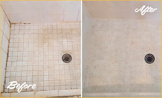 Before and After Picture of a Wall Shower Caulked to Fix Cracks