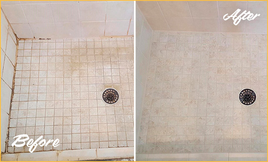 Before and After Picture of a Old Bridge Shower Caulked to Fix Cracks