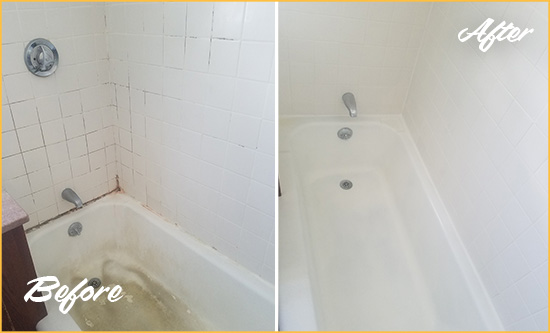 Before and After Picture of a Old Bridge Bathtub Caulked to Repair Cracks