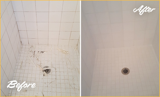 Before and After Picture of a Old Bridge Bathroom Re-Caulked To Repair Damaged Caulking