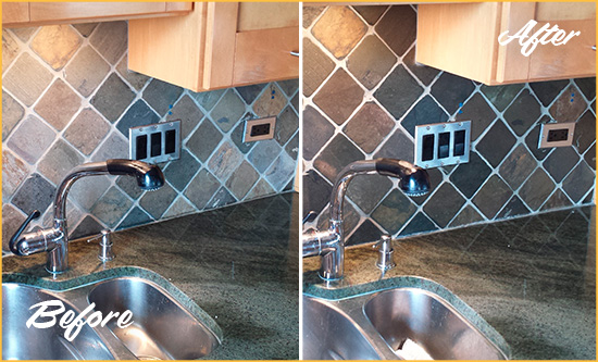 Before and After Picture of a Red Bank Backsplash Caulked to Fix and Prevent Water Leaks