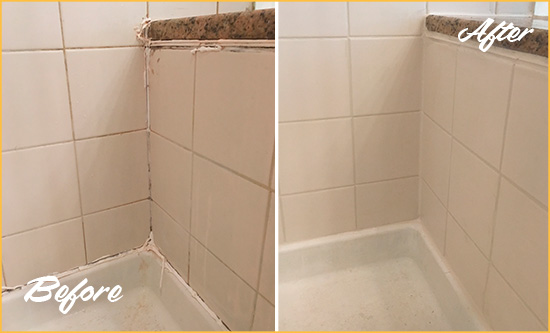 Before and After Picture of a Port Monmouth Shower Caulked to Repair Damaged Caulking