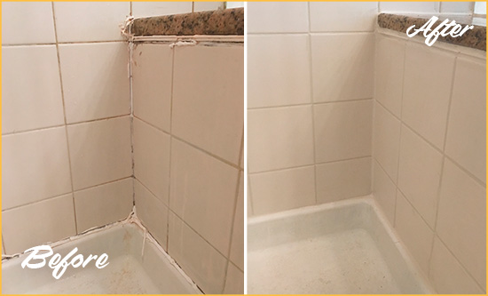 Before and After Picture of a Old Bridge Shower Caulked to Repair Damaged Caulking