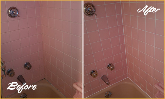 Before and After Picture of a Old Bridge Bathtub Caulked to Eliminate Mold