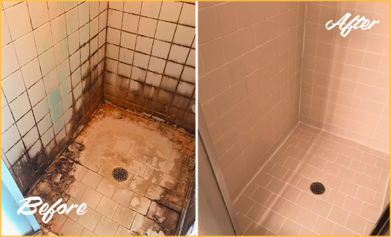 Before and After Picture of a Old Bridge Shower Caulked to Fix and Prevent Water Damage