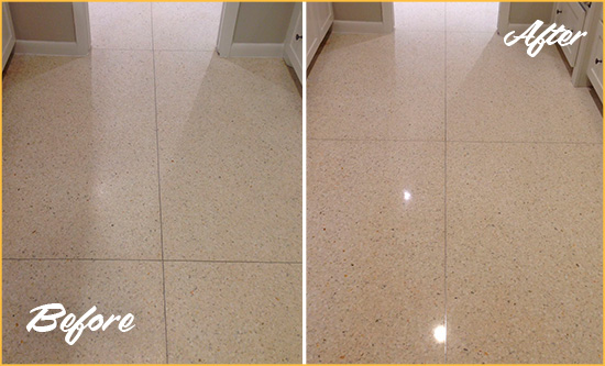 Before and After Picture of a Wickatunk Granite Stone Floor Polished to Repair Dullness